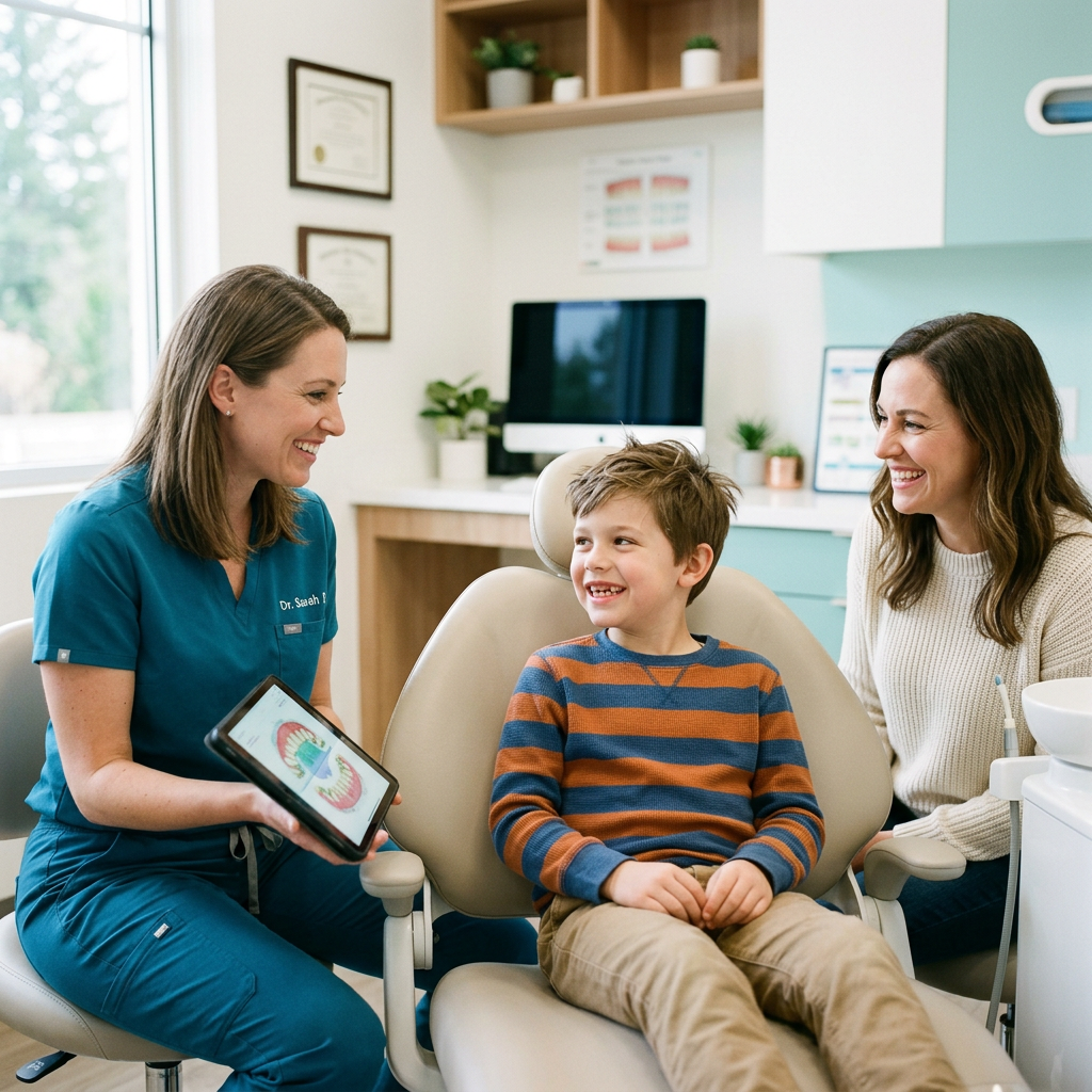 Young child smiling in the orthodontic chair during an early screening