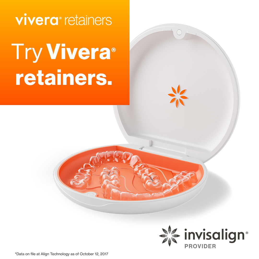 Vivera retainers in open case, Invisalign provider advertisement.