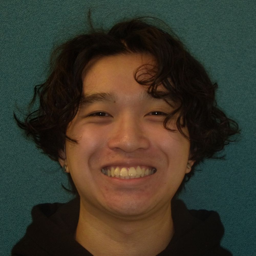 Smiling young man with curly hair against blue background